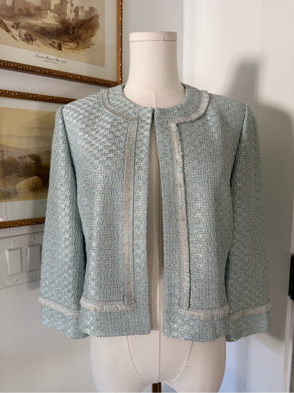 St. John Collection Iridescent Sequin Tweed Open Front Jacket in Seafoam - Picture 3 of 13